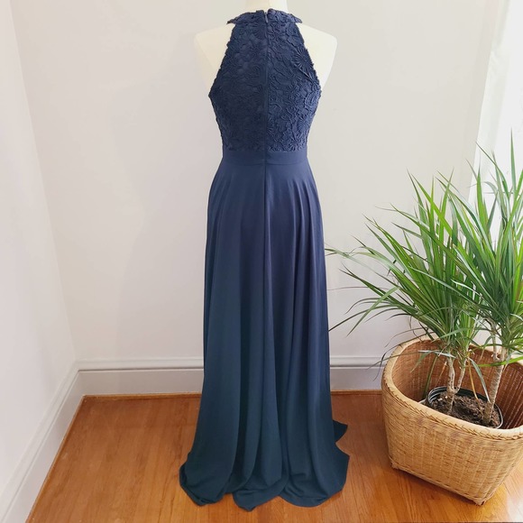 Lulu's Women Medium Picture Perfect Formal Gown Dress Navy Blue Lace Bodice Slit - Picture 7 of 11